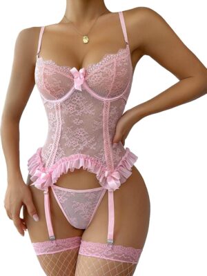 WDIRARA Women's Sexy Lingerie Set Floral Lace Garter Bustier Lingerie Set with 1Pair Fishnet Stocking